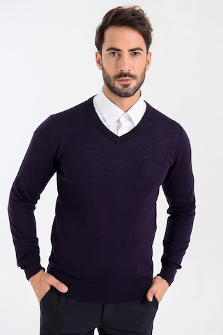 Heyss Mürdüm V Yaka Yünlü Erkek Triko Kazak Mürdüm