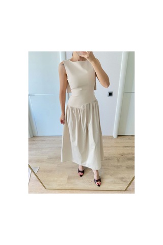 Butik İstanbul Arkası Kanatlı Uzun Elbise- Bej