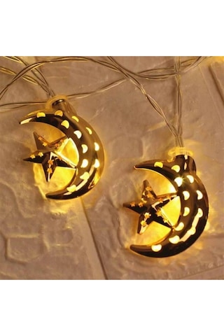 Dekoratif Gold Renk Delikli Ay Yıldız 10 Lu Dekoratif Led Lamba 2 Mt Gold