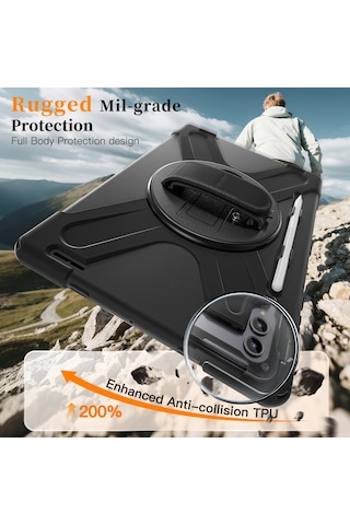 Samsung Galaxy Tab S11 Ultra Kickstand Kılıf Tpu Pc Silikon Tablet Kılıfı Ve Omuz Askısı - Siyah Tablet Kılıfı