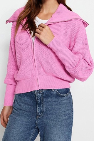 Ersefa Kadın Modern Tarz Oversize Devrik Yaka Regular Triko Hırka Pembe