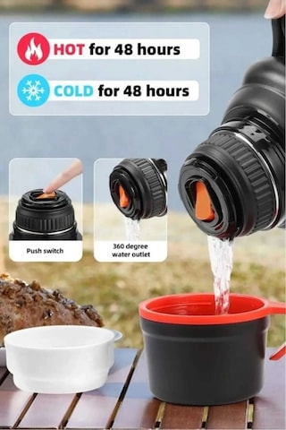 Paslanmaz Çelik 3,2 Litre Termos Haki Renk 48 Saat Sıcak 72 Saat Soğuk Kamp Piknik Seyahatte Metalik