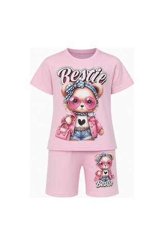 Bestie Siyah Ve Pembe Renk Kız Çocuk Takım - Ayıcık Baskılı Tişört & Şort 2'li Set Pembe