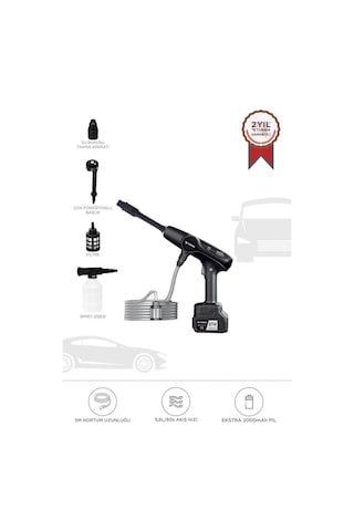 Torima D-015 Siyah Akülü Şarjlı Yüksek Basınçlı Oto Araba Bahçe Yıkama,temizleme Su Tabancası