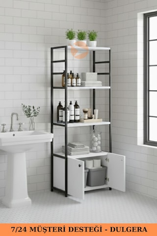 Metal Banyo Dolabı 2 Kapaklı 4 Raflı Çok Amaçlı Havlu Düzenleyici Banyo Dolabı Çok Amaçlı Raf Beyaz