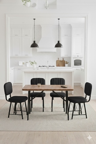 Elfin 70x110cm Sabit Atllantik Yemek Masası, Yemek Masası Takımı, Mutfak Masası, 4 Siyah Sandalye Siyah