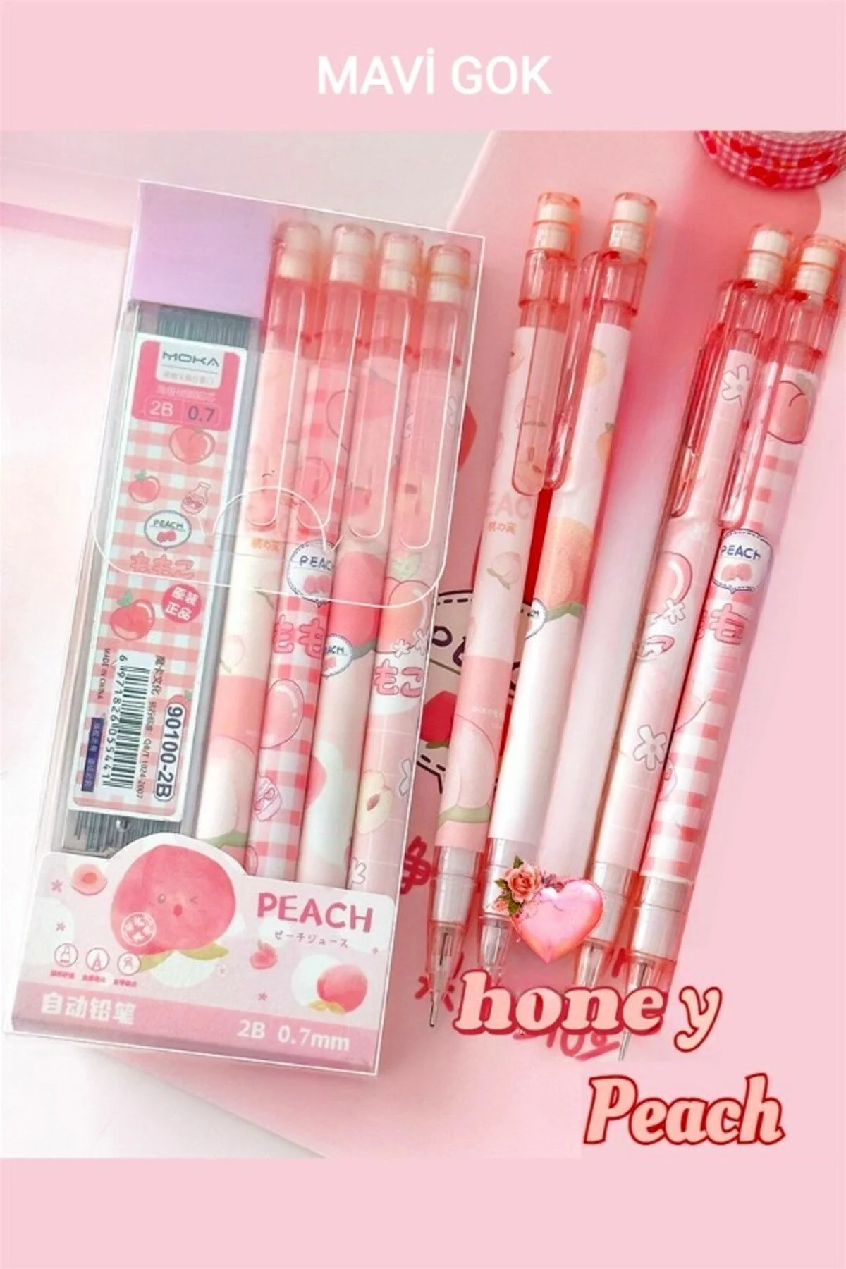 Kawai Şeftali Uçlu Kalem 2b 0,7mm 4 Adet Uçlu Kalem+1 Kutu Uç Şeftali - Pembe