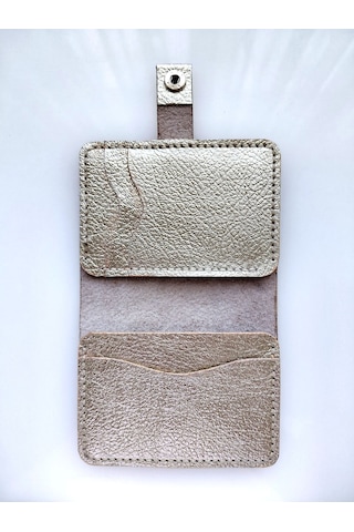 Luna Luster Deri 6 Bölmeli Parlak Gold Baskı Minimalist Krem Kartlık & Cüzdan Drc74