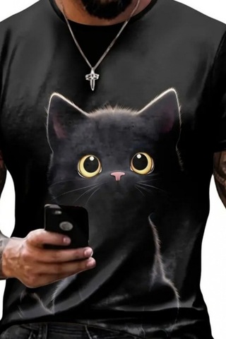 Efnaz Style Erkek Bisiklet Yaka Kedi Baskılı Süprem T-shirt Siyah