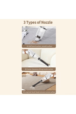 Monyee K-3 El Tutan Araç Süpürgesi Beyaz - Usb Şarjlı, 1200mah Batarya, 5000pa Emme Gücü, 3 Farklı Bağlantı, Eğilebilir Kollü