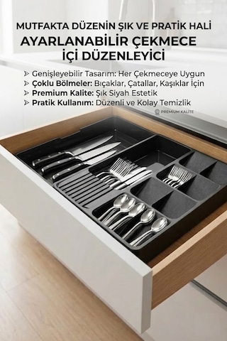Çekmece İçi Kaşıklık Ve Bıçaklık Düzenleyici Organizer Ayarlanabilir Kayar Kızaklı Antrasit