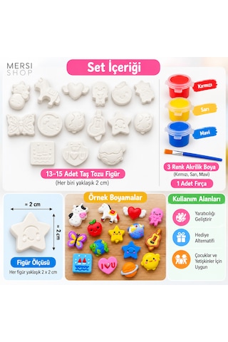 Kendin Boya Minik Figür Boyama Seti 2 Cm Taş Tozu Figürler 3 Renk Boya Ve Fırça