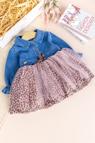 Baby Mod Denim Leopar Desenli 100% Pamuk Şık Özel Gün Kız Bebek Elbise Pembe