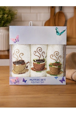 3 Lü Nakışlı Mutfak Havlusu Seti 30x50 Cm Kutulu Hediyelik Pamuk Mutfak Havlu Seti Krem