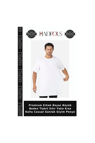 Hadpols Premium Erkek Beyaz Büyük Beden Tişört Sıfır Yaka Kısa Kollu Casual Günlük Giyim Penye
