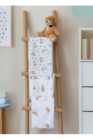 Çok Amaçlı Müslin Örtü & Battaniye 3'lü Set Pamuk Oeko-teks Sertifikalı 80x80 Cm Beyaz - Kahverengi