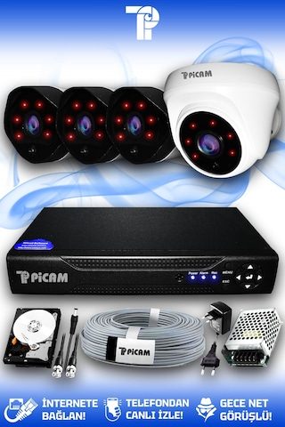 Picam 4 Kameralı Uzay 1 İç Kamera Set 500 GB HDD Full HD Gece Görüşlü Güvenlik Kamerası Sistemi