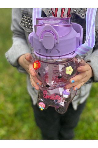 Smile Ayıcık Model Su Matarası Su Şişesi Suluk 1000ml Bpa Içermez Suluk 3d Sticker Hediye Mor Plasti Diğer