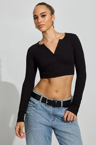 Madmext Siyah Uzun Kollu Düğmeli Kaşkorse Crop Hırka Mg2193 Siyah