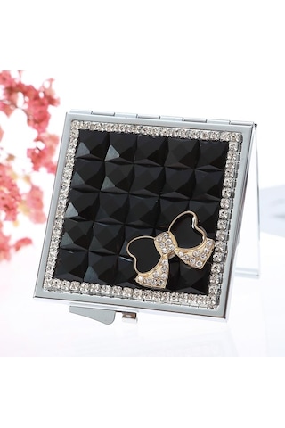 Sones El Yapımı Elmas Mini Katlanır Kozmetik Aynası Taşınabilir Ayna Çift Taraflı Mücevher Yay Siyah