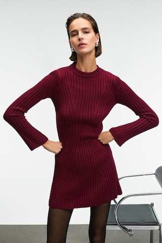 Grımelange ENCANTO Kadın Yuvarlak Yaka Çizgi Desenli Slim Fit Bordo Elbise