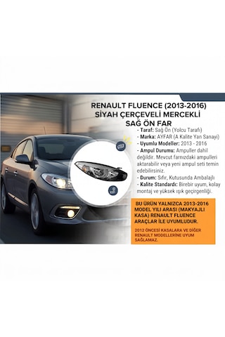 Renault Fluence 2013-2016 Siyah Çerçeveli Mercekli Sağ Ön Far 1 Adet