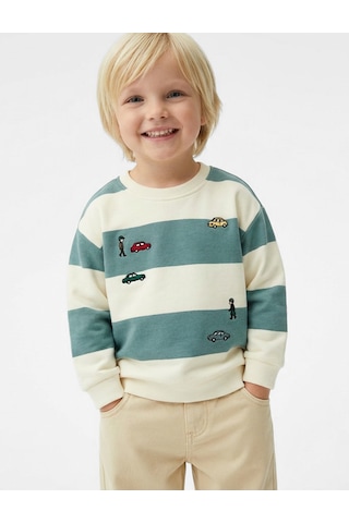 Koton Uzun Kollu Bisiklet Yaka Nakışlı Pamuklu Çizgili Sweatshirt Mavi Çizgili 6smb10112tk Mavi