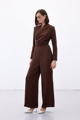 Sateen Fiyonk Aksesuarlı Krep Tulum - Kahve-136701 Kahve