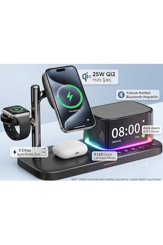 5 İ 1 Arada 25w Qi2 Kablosuz Şarj Standı Bluetooth Hoparlör Alarm Saat Led Gece Işığı