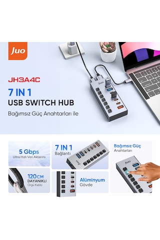Juo Usb-a 7 Portlu Anahtarlı 3 Usb-a 4 Type-c 5gbps Pd Hızlı Şarj Destekli Usb 3.1 Çoklayıcı Dönüştürücü Hub
