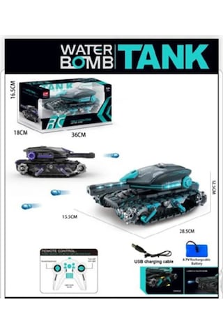 Oyuncak Uzaktan Kumandalı Sesli Ve Işıklı 2.4 Ghz Su Bombası Atan Tank 25 Cm Siyah