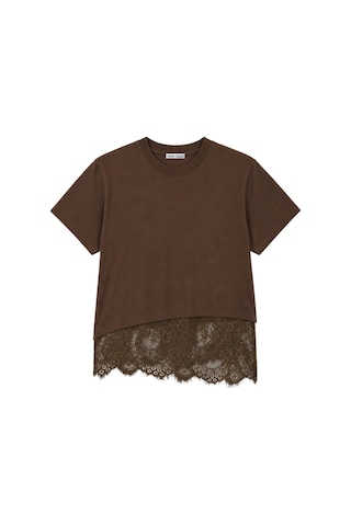Vadon 1005 Kadın Pamuklu Regular Fit Bisiklet Yaka Asimetrik Kesim Dantel Detaylı Yumuşak Dokulu T-shirt Kahverengi