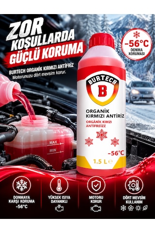 Burtech Organik Kırmızı Antifriz -56 C 1,5 Litre Motor Radyatör Soğutma Sıvısı Pembe
