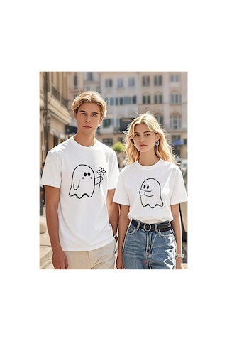 Nevermind Sevgili Kombin Tişörtü Hayalet Baskılı Çift Kombini Unisex Oversi Beyaz