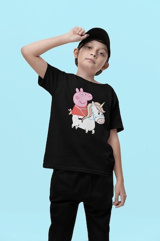 Sevbano Peppa Pig Unicorn Baskılı Unisex Çizgi Film Çocuk Tişört 1-12 Ya Siyah
