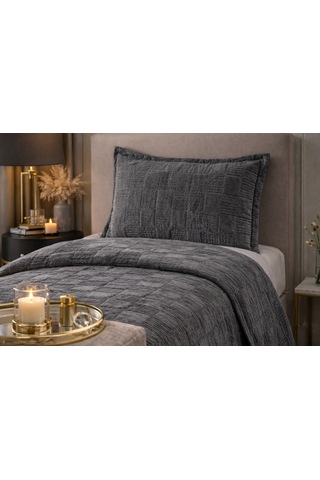 Goldroom Home Ranya Kadife Nakışlı Tek Kişilik Yatak Örtüsü Antrasit