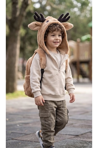 Unisex Çocuk Su Geçirmez Geyik Tasarımlı Çıkarılabilir Kapüşonlu Sırt Çantası Brown