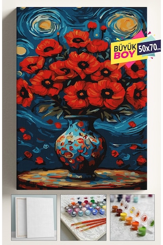 Sayılarla Boyama Seti Numaralı Tuval Fırça Boya Dahil Kasnaklı Set 50x70 Cm - Yıldızlı Gece Gelincik