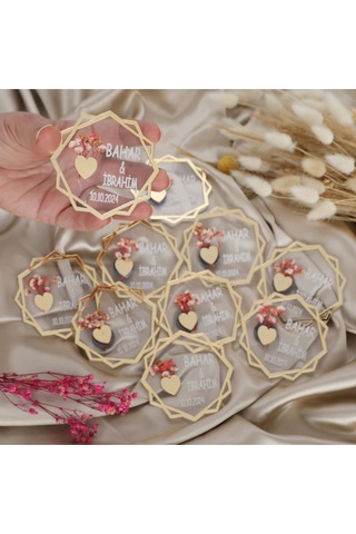 10 Lu Kişiye Özel Akrilik Magnet Nikah Şekeri - Altın Detaylı Çiçekli Tasarım