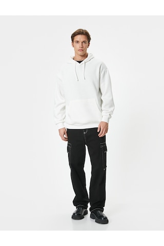 Koton Oversize Sweatshirt Kapşonlu Uzun Kollu Kanguru Cep Detaylı Şardonlu Beyaz 5wam70017mk Beyaz