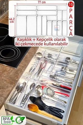 16'li Set Modüler Kaşıklık Ve Kepçelik Çekmece Içi Düzenleyici Şeffaf Mutfak Organizer Şeffaf 85 X 49 Çok Renkli