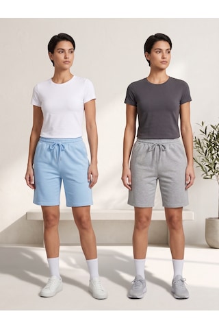 Machi Makiteks Kadın Mavi Gri İkili Rahat Kesim Beli Lastikli Cepli Penye Şort Günlük Basic Rejenere Sweat Bermuda Gri - Mavi