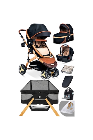 Baby Home Yeni Doğan 9 İn 1 Full Takım 945 Travel Sistem Bebek Arabası Angel Sepet Anne Yanı Beşik Altın - Siyah