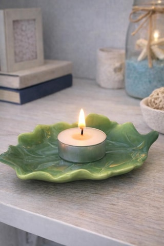 Yaprak Formlu Seramik Mumluk Dekoratif Tealight Mumluk, Yemek Masası & Ev Dekoru Yeşil Yeşil