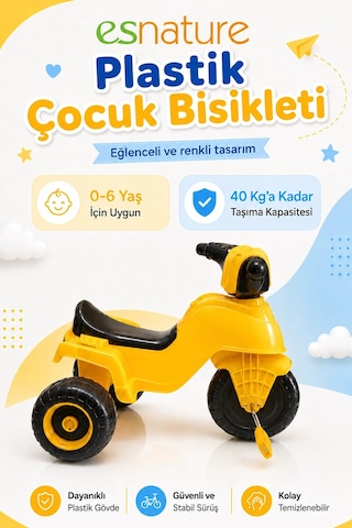 Esnature Plastik Çocuk Bisikleti 3 Tekerlekli Pedallı Led Işıklı Sarı 0-6 Yaş 40 Kg Taşıma Kapasitel