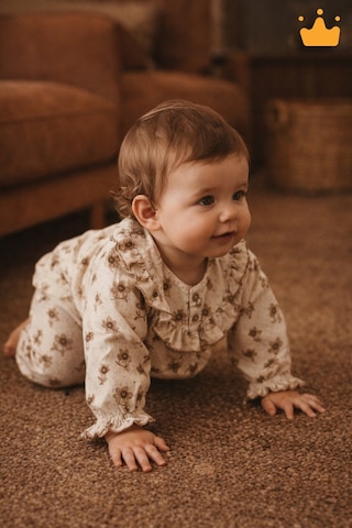 Babyhola Kız Bebek Bayramlık Takım Fırfır Yakalı Çiçek Desenli Müslin İkili Set 2010 Bej