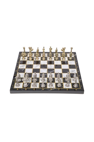 Lüks Metal Satranç Takımı Krom Kaplama Roma Ordusu Figür & Klasik Mermer Desenli Siyah Tahta 20 Cm.