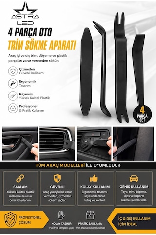 4 Parça Oto Trim Sökme Aparatı Teyp, Kapı Döşemesi Ve Plastik Aksam Sökme Seti Siyah Universal
