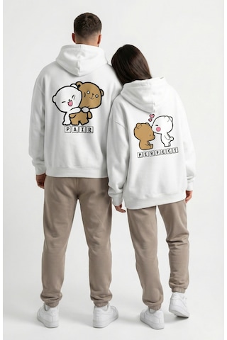 Nevermind Unisex Oversize Ayıcık Baskılı Çift Hoodie Beyaz