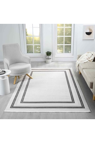 Beyaz Gri Dikdörtgen Bordürlü Modern Halı - Ng5113av